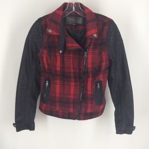 Red Plaid Faux Leather Sleeve Moto Jacket